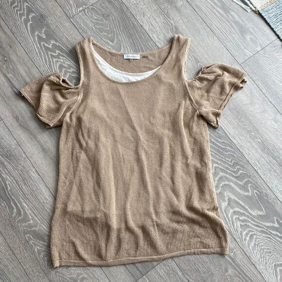 Calvin Klein Cut Out Sleeve Gold Mesh Top - Picture 1 of 4